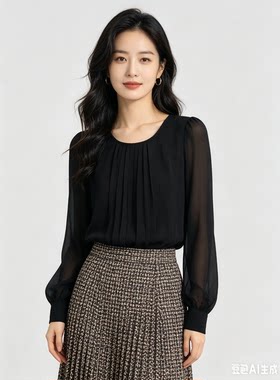 衣讯黑色雪纺衬衫女长袖设计小众春秋季宽松女装内搭打底上衣衬衣