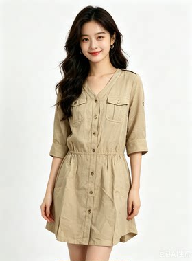 衣讯气质亚麻通勤风V领衬衫连衣裙女装夏季七分袖显瘦收腰中长裙