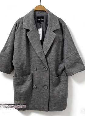 伊可爱E&you Simple秋冬外套女士羊毛呢大衣中长款五分袖灰色外套