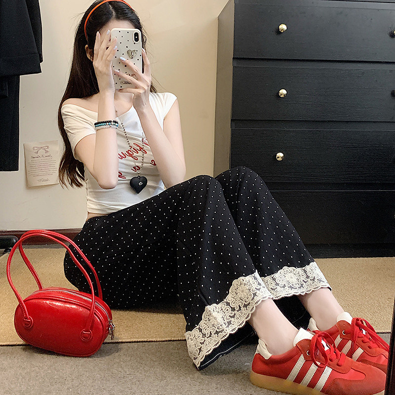 蕾丝拼接波点阔腿裤女夏季高腰垂感宽松直筒裤设计感休闲九分裤子