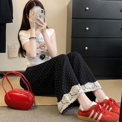 蕾丝拼接波点阔腿裤女夏季高腰垂感宽松直筒裤设计感休闲九分裤子