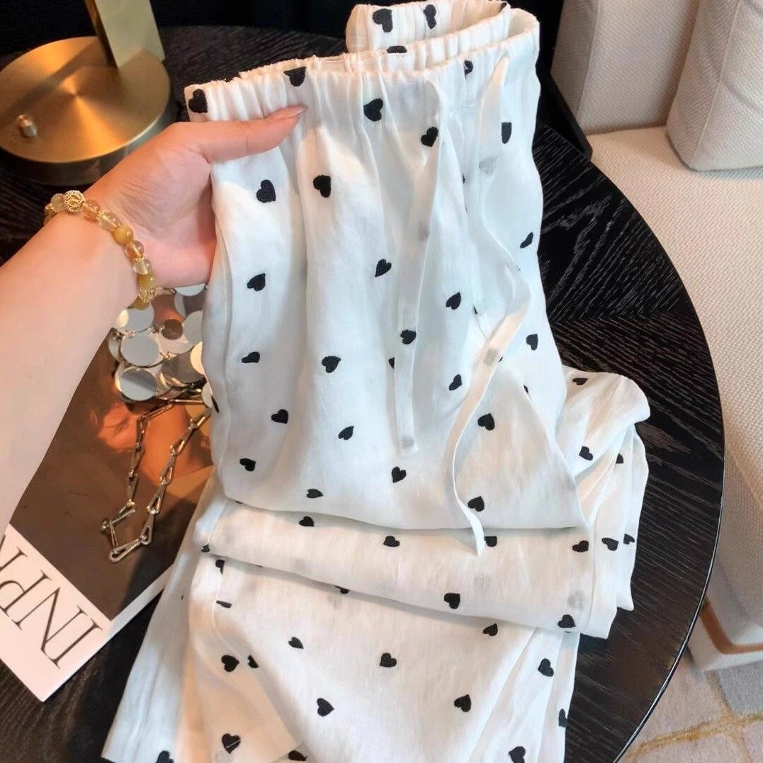 简约宽松爱心印花设计感高腰休闲2025夏季新款爆款棉麻阔腿长裤女,女装/女士精品,大码裤装,淘宝优惠券,粉丝福利购,淘宝优惠卷