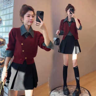 减龄时尚套装裙女秋冬新款假两件套牛仔拼接毛衣半身裙穿搭两件套