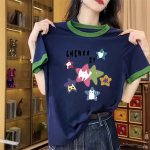 欧货撞色拼接短袖t恤女2024夏季新款宽松显瘦减龄印花圆领上衣潮