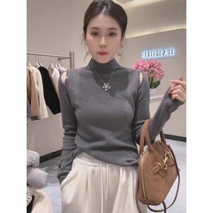爆款推荐2024秋冬时尚新款上衣长袖修身针织衫女半高领内搭打底衫