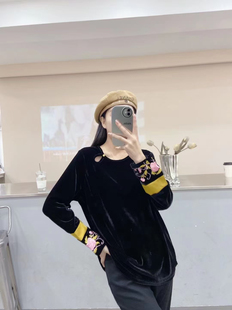 女装 国风重工刺绣丝绒拼接袖 大码 2025秋冬胖mm新中式 口长袖 打底衫
