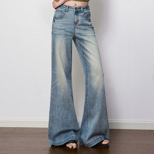 高腰弹力显瘦小个子设计感拖地马蹄裤 女春秋新款 复古微喇叭牛仔裤