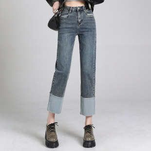 复古烟管拼接撞色宽松设计感九分小脚裤 窄版 子 直筒牛仔裤 秋冬新款