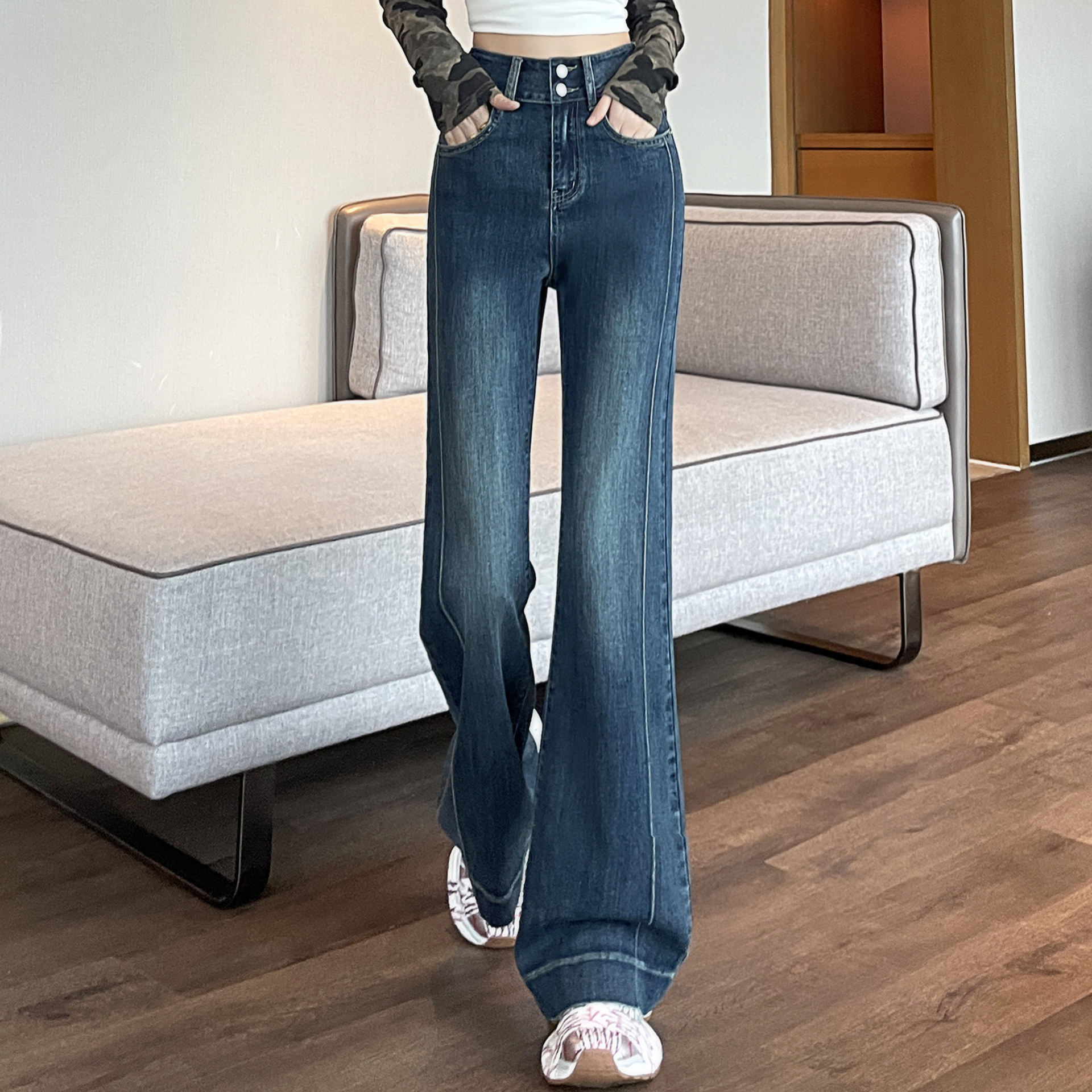 美式复古微喇牛仔裤女春秋新款高腰双扣弹力修身喇叭拖地长裤子潮,女装/女士精品,牛仔裤,淘宝优惠券,粉丝福利购,淘宝优惠卷