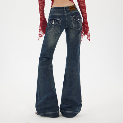 辣妹低腰紧身牛仔微喇马蹄拖地裤