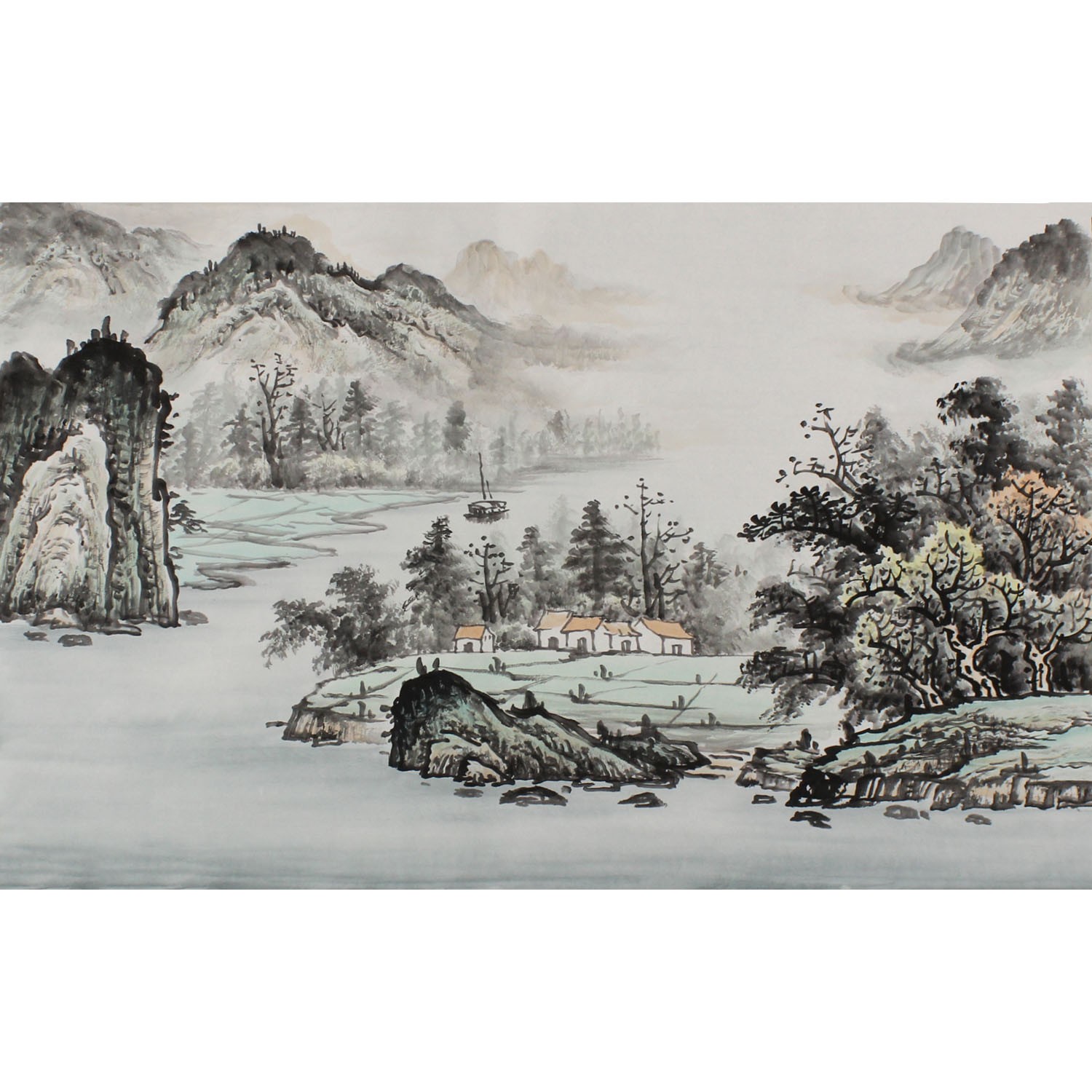 竖幅纯手绘国画山水画四尺三开水墨字画玄关客厅书房小尺寸挂画