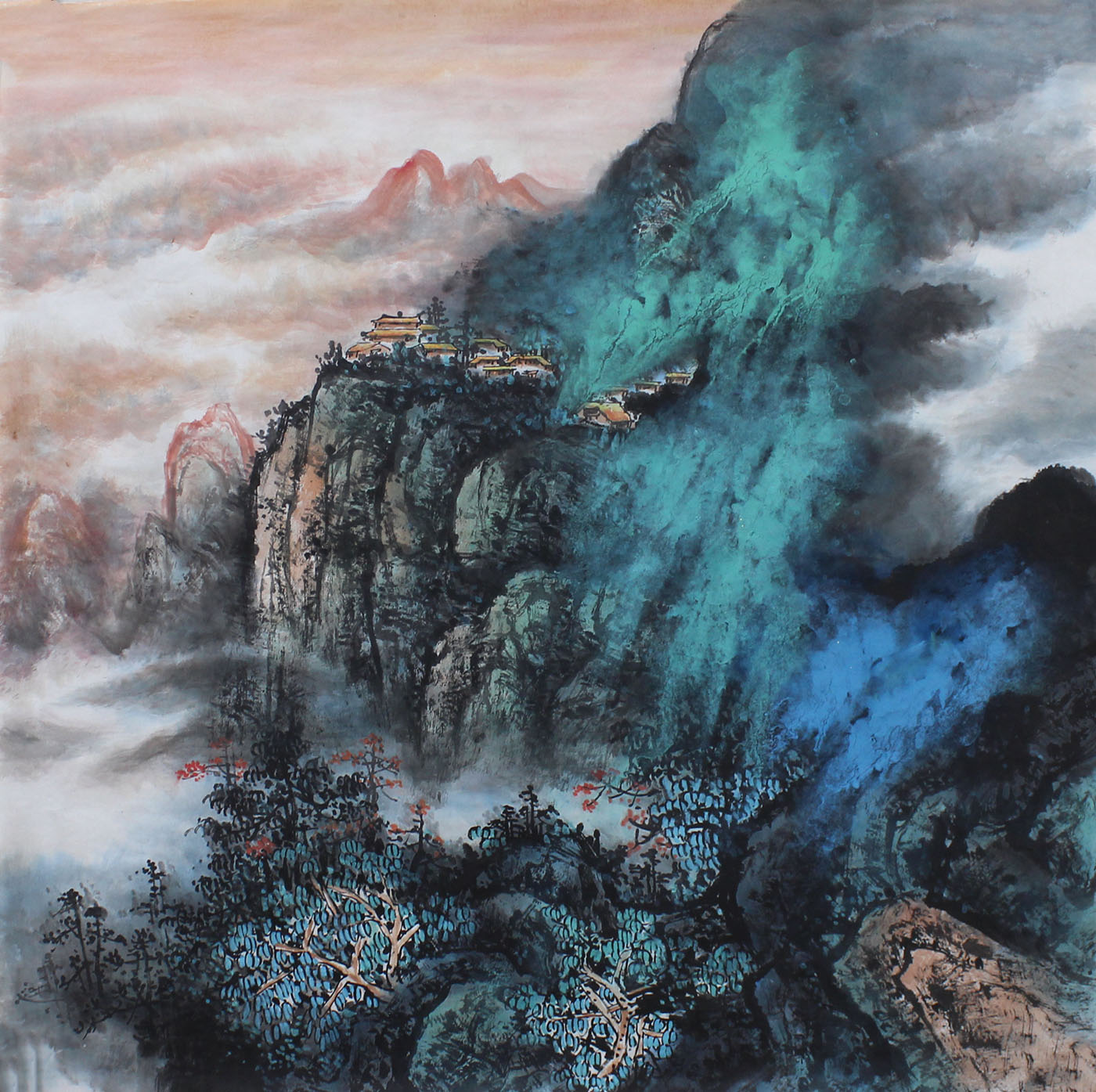 四尺斗方纯手绘中国风山水画国画泼彩书房玄关走廊装饰画未裱无框