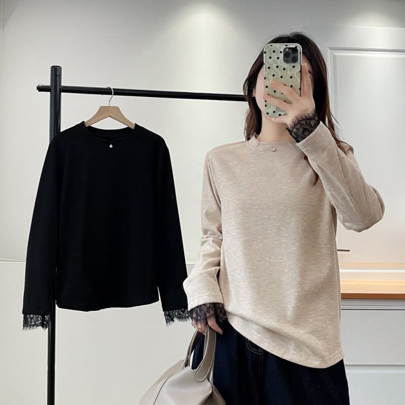 蕾丝拼接长袖T恤宽松显瘦打底衫