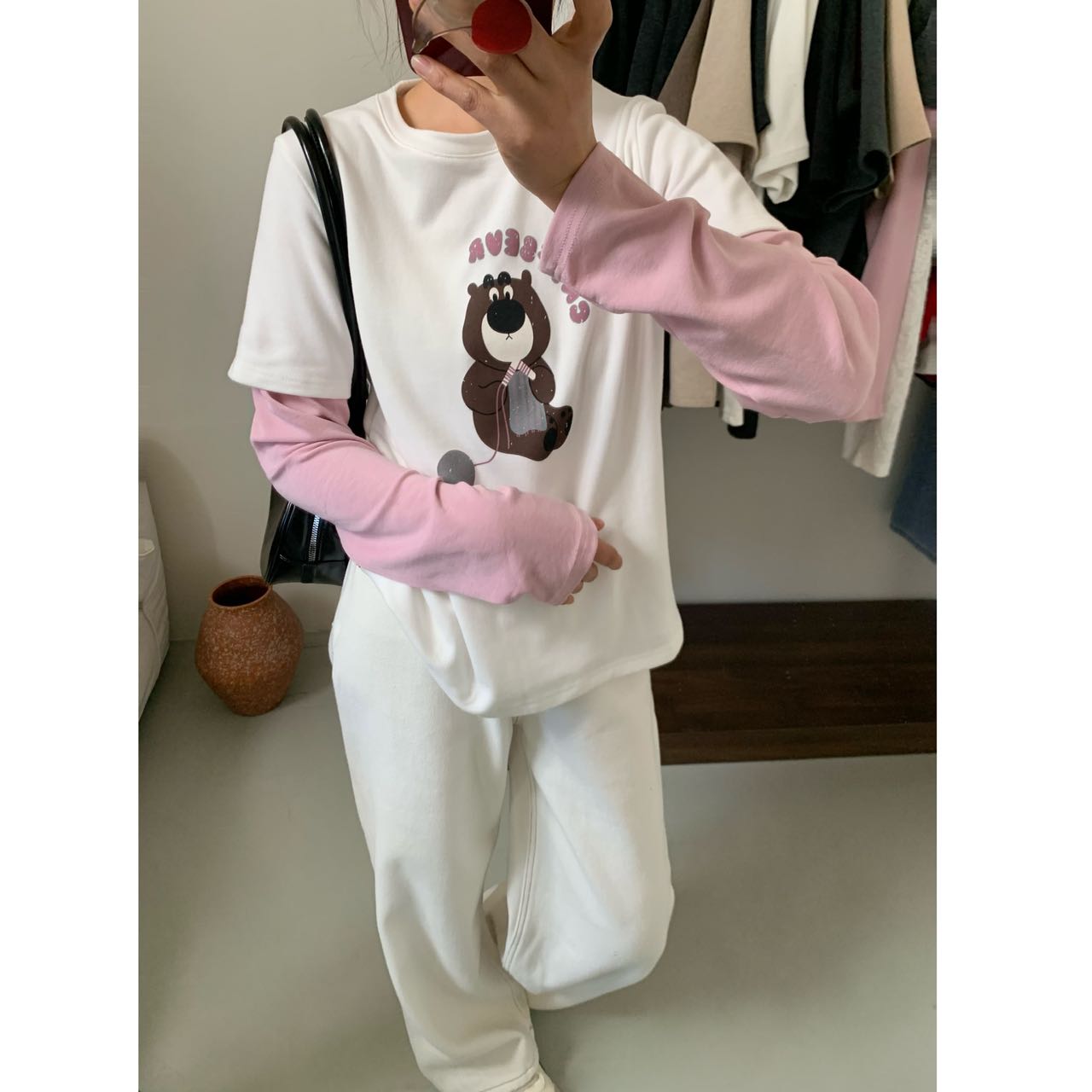 春季粉袖假两件小熊打底T恤女