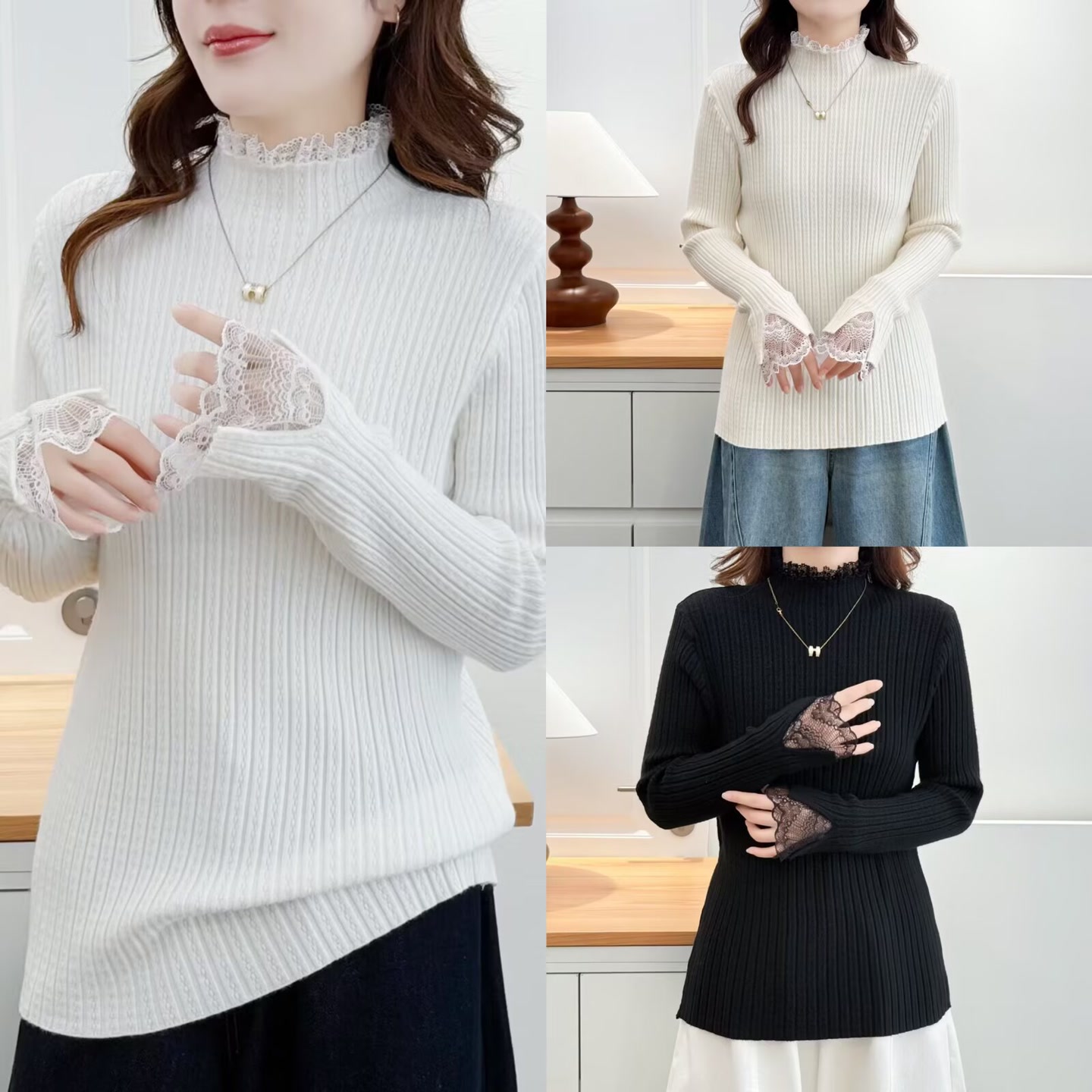 蕾丝边半高领显瘦加厚针织打底衫