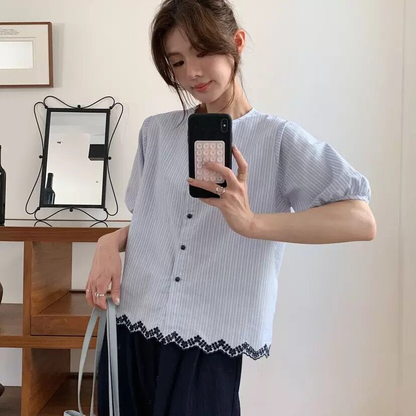 条纹短袖衬衫刺绣百搭显瘦小衫