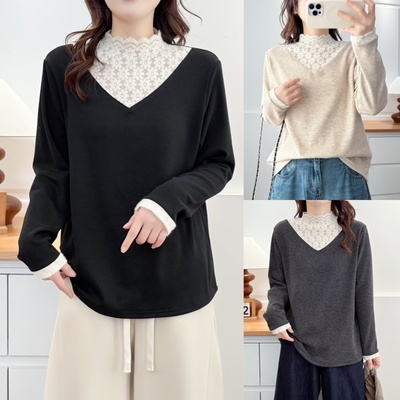 假两件半高领蕾丝加绒加厚打底衫