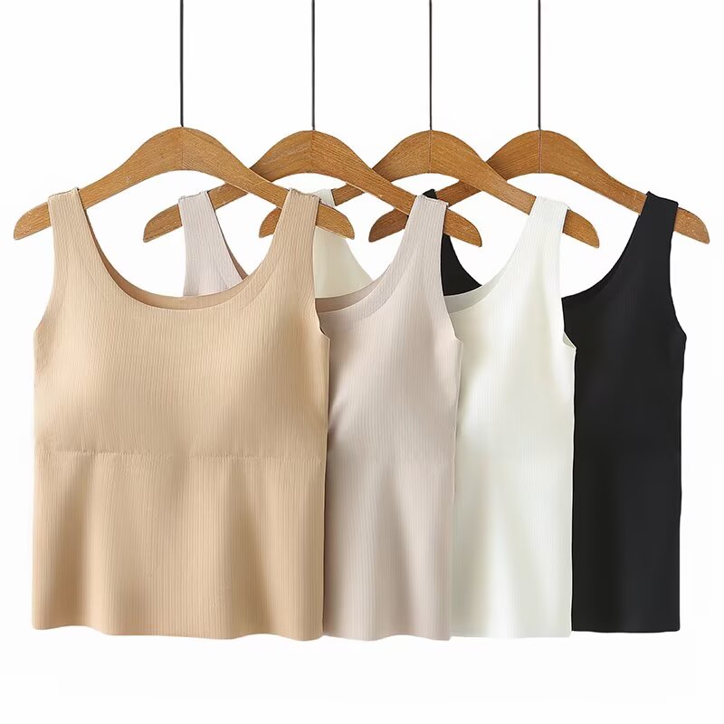 大码简约带杯垫竖纹打底背心吊带