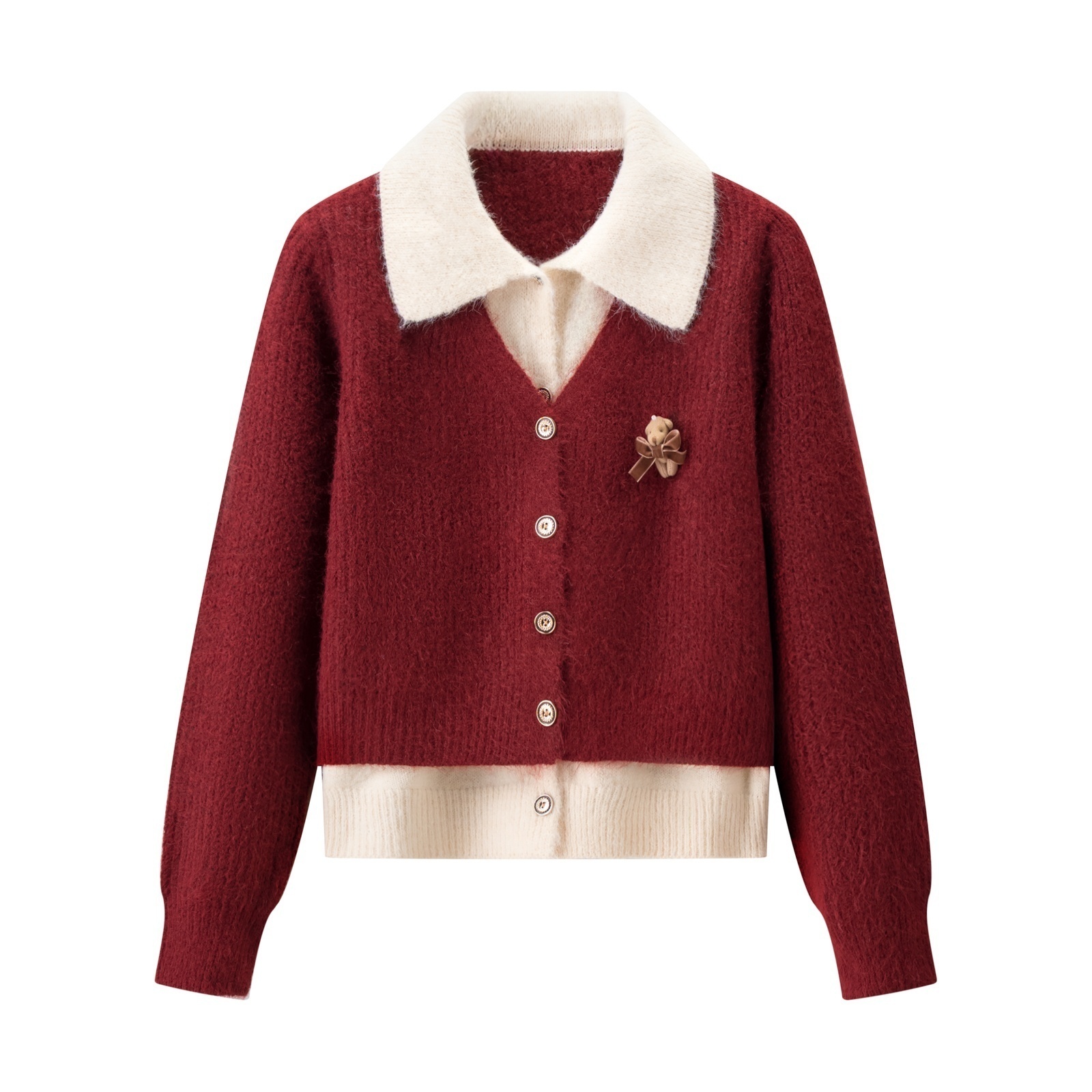 撞色假两件翻领小熊装饰针织衫女