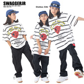 街舞儿童演出服嘻哈风炸街男童条纹短袖 帅气女童宽松hiphop上衣潮