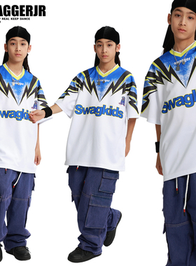 Swagger儿童街舞演出服短袖爵士舞酷帅hiphop表演服装T恤短裤套装