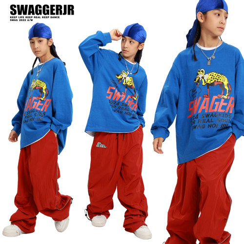 街舞儿童演出服套装女孩嘻哈风潮服hiphop炸街潮牌T恤服装春秋款