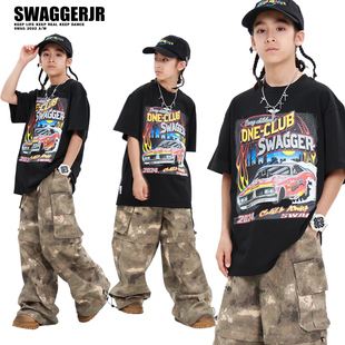 儿童街舞潮服套装男童印花短袖迷彩裤子嘻哈hiphop童装潮牌演出服