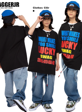 SWAG春夏季2023年新款短袖嘻哈T恤男女同款街舞儿童酷帅潮服黑色
