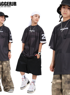 街舞儿童潮服嘻哈紫色T恤夏 hiphop童装走秀女男童套装少儿演出服