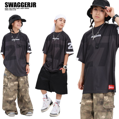 街舞儿童潮服嘻哈紫色T恤夏 hiphop童装走秀女男童套装少儿演出服