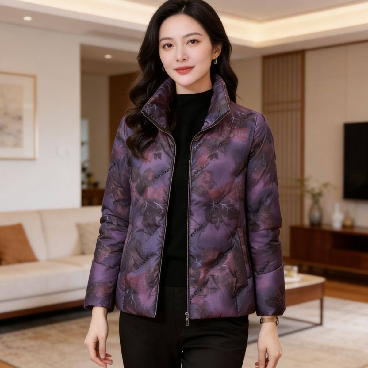 羽绒服女冬季2025新款中年妈妈时尚印花短款修身白鸭绒保暖外套,女装/女士精品,羽绒服,淘宝优惠券,粉丝福利购,淘宝优惠卷