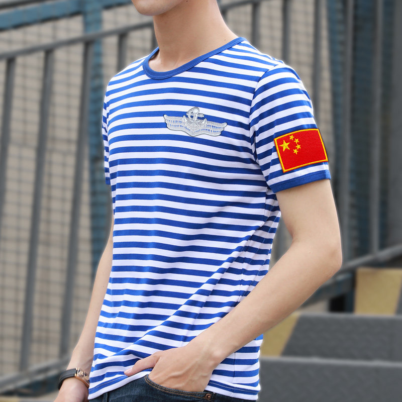 定制战友聚会海魂衫短袖T恤男士中老年刺绣国旗加印文字海军风