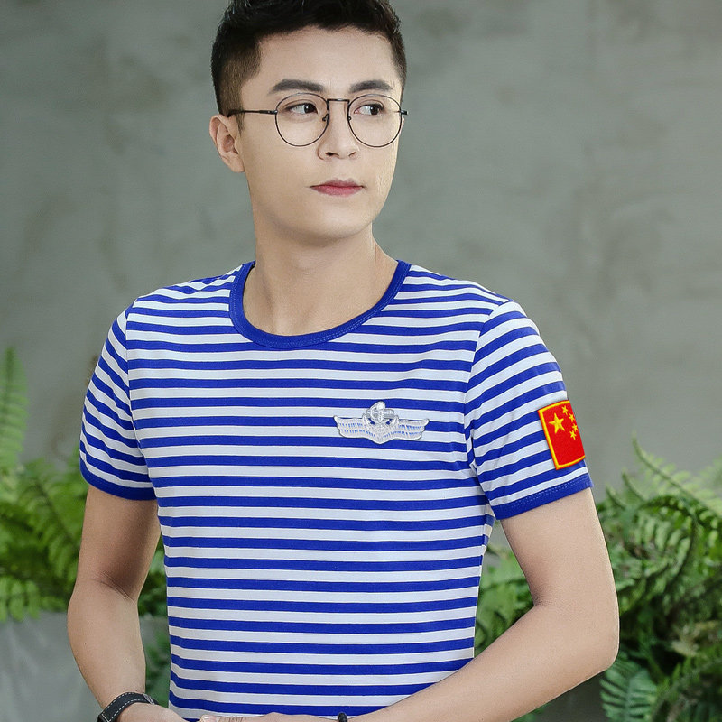 战友聚会海魂衫短袖T恤男条纹半袖刺绣国旗中老年海军风定制文字