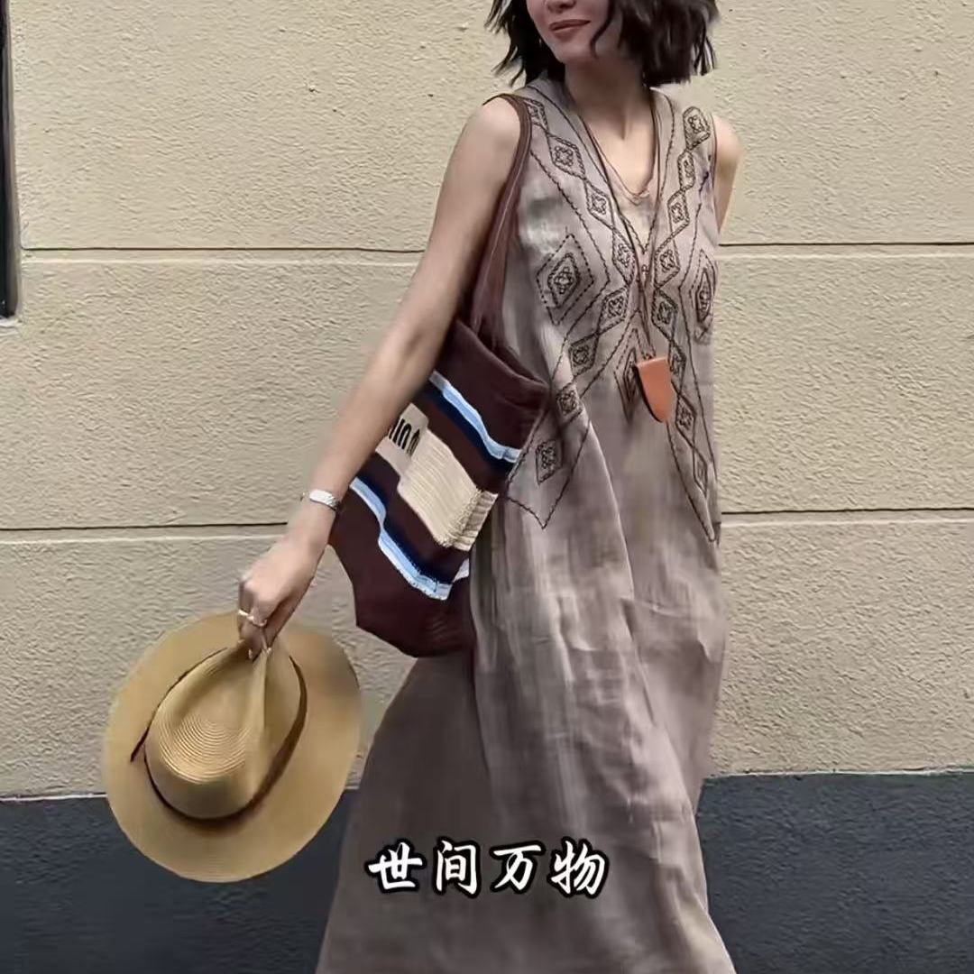 26043-BOBOXR-0620   老钱风刺绣天丝苎麻连衣裙