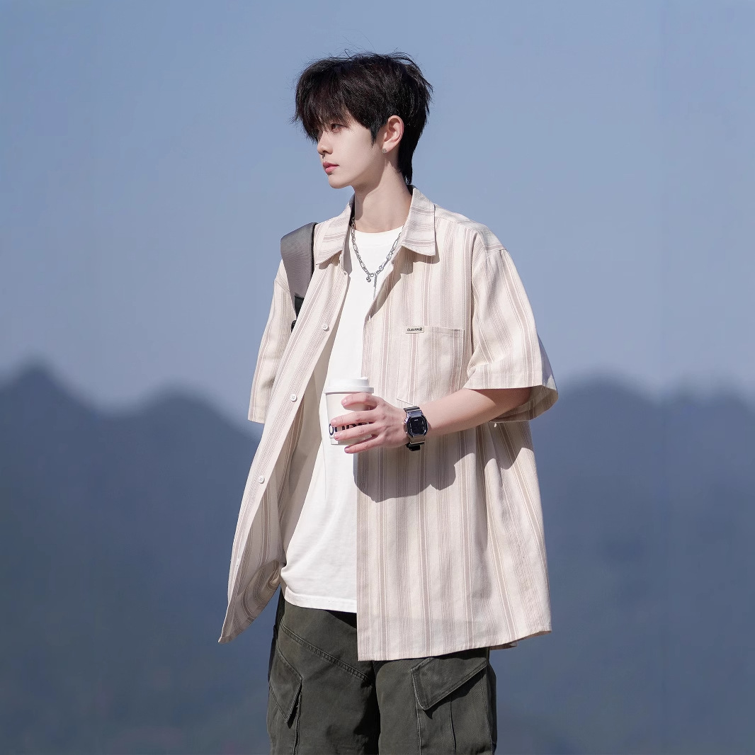 条纹短袖衬衫男女2025夏季薄款男士大码纯棉上衣男生休闲衬衣