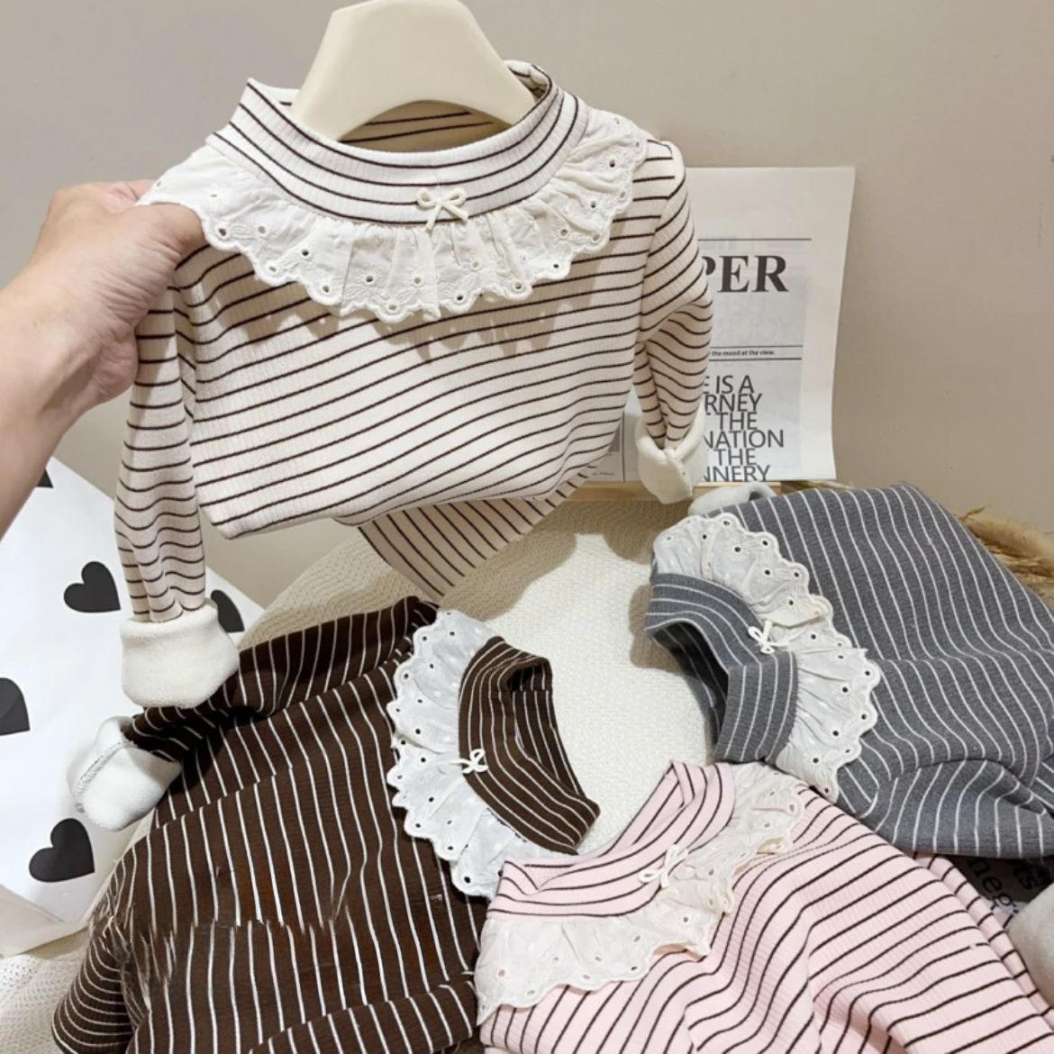 女童加绒打底衫儿童洋气秋冬条纹宝宝T恤保暖一体绒长袖加厚上衣