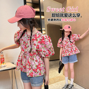 女童短袖衬衫韩版2026新款夏装女大童复古纯棉碎花泡泡袖上衣潮夏