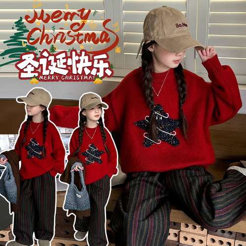 女童红色毛衣秋冬新款