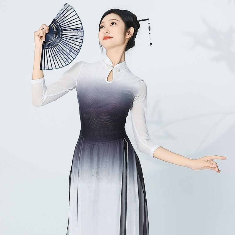 新款古典舞蹈表演服女身韵国风仙气新中式旗袍长款纱衣练功服显瘦