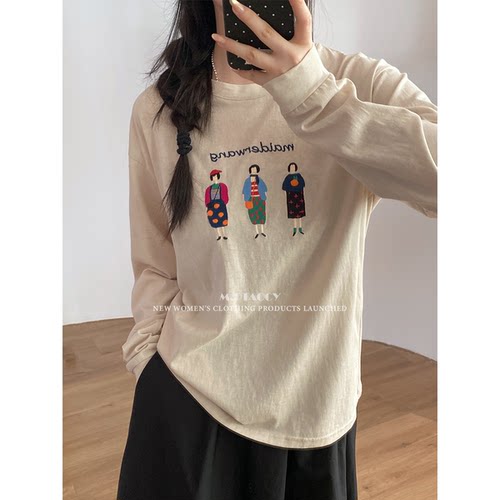 减龄趣味卡通刺绣T恤宽松长袖