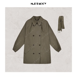 桃桃家【卡洛塔】法式双排扣翻领腰带阔型A字中长款风衣外套881