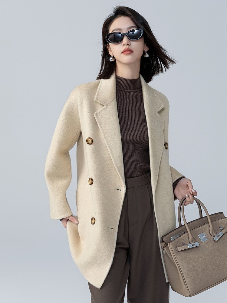 80纯羊绒绒双面呢外套801短款西装领大衣双排扣侧兜腰带款