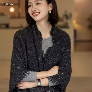 兆弟晴100%山羊绒流苏围巾女新款围脖大披肩三角巾加长七彩点子纱