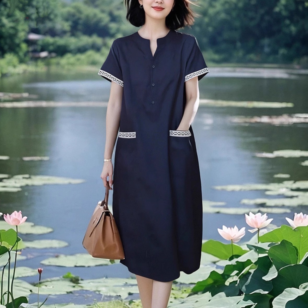素雅净订制女装原创品牌旗舰店设计感拼接宽松减龄显瘦A字连衣裙
