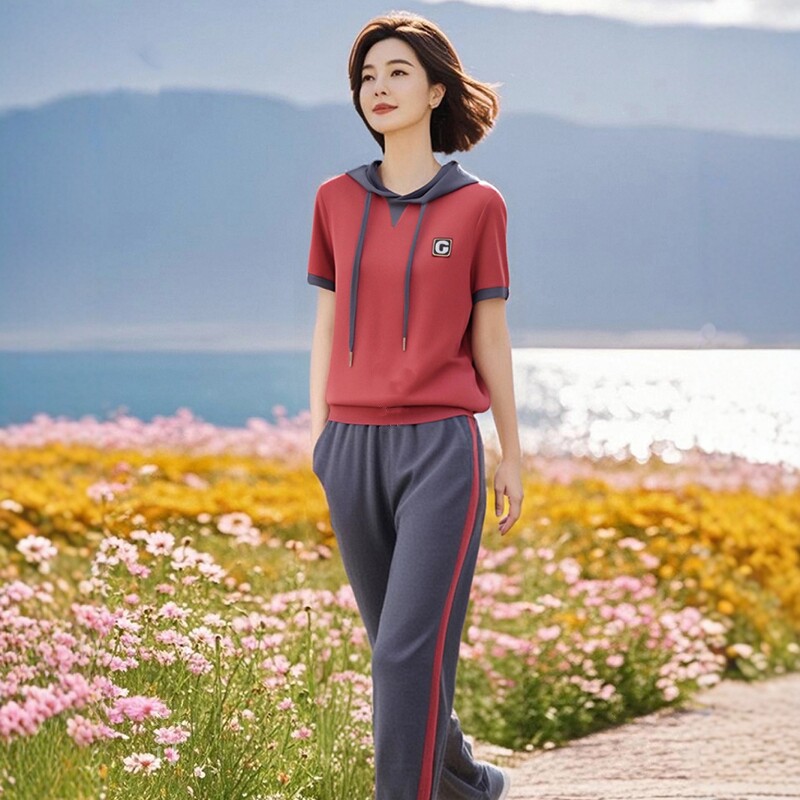 素雅订制女装原创品牌旗舰撞色拼接短袖连帽卫衣松紧腰休闲裤套装