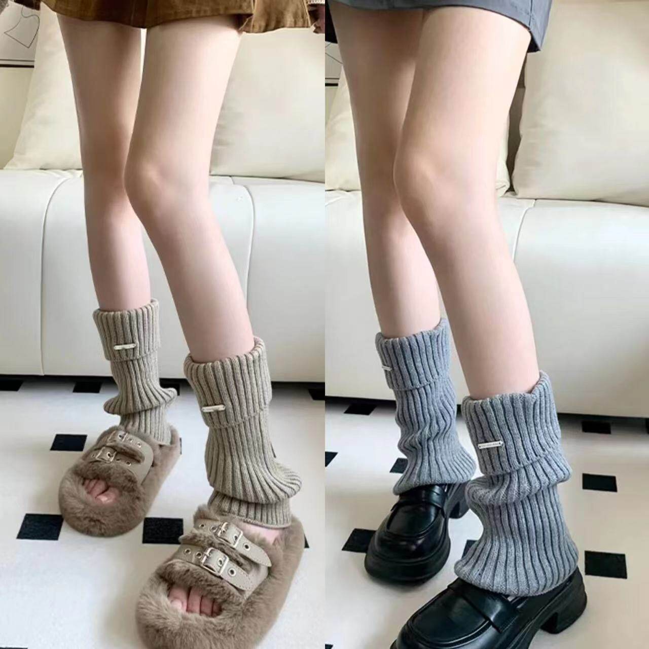 秋冬宽松腿套日系少女百搭堆堆袜金属标袜套保暖针织鞋套