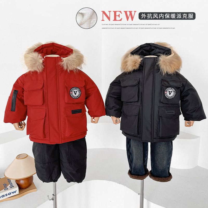 风之谷2024冬季新款童装儿童韩版防水派克服男女童红色毛领厚棉服