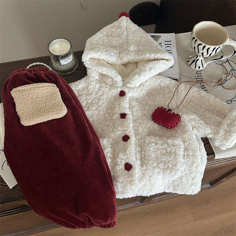 韩版女童冬装羊羔毛外套套装