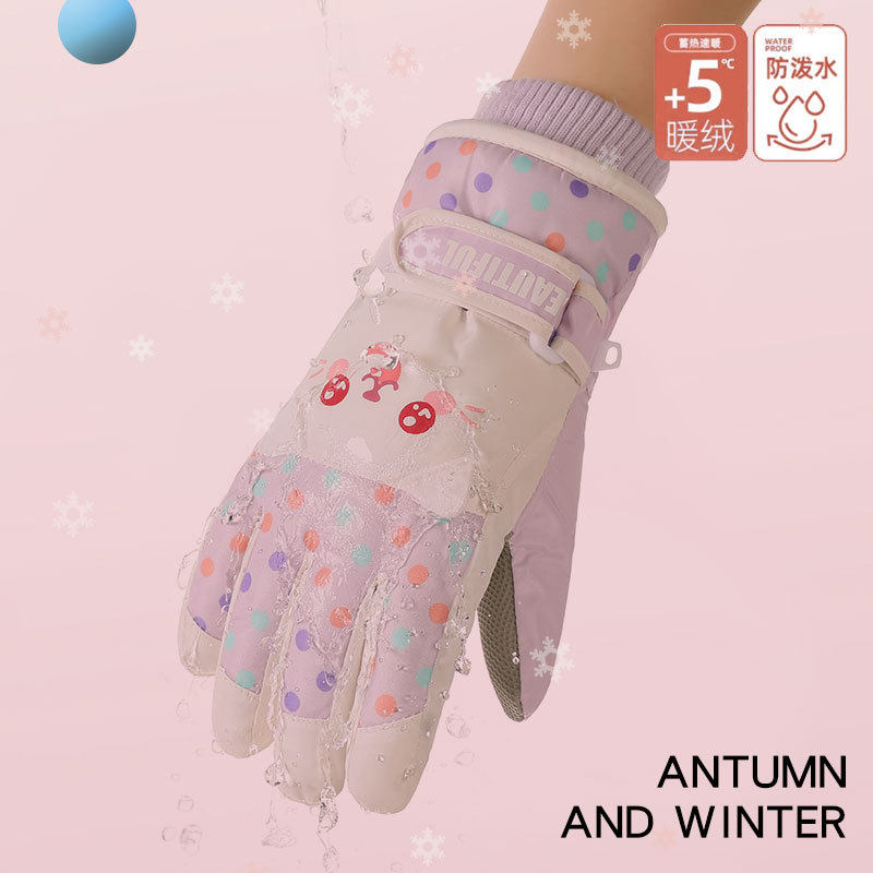 冬季滑雪保暖手套儿童可爱卡通户外骑行玩雪防风御寒加绒加厚防滑