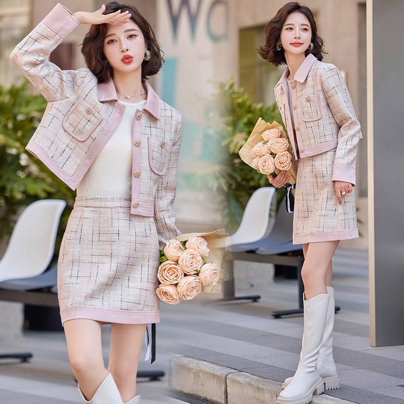粉色小香风套装裙女2025春秋新款高级感小个子减龄半身裙两件套潮